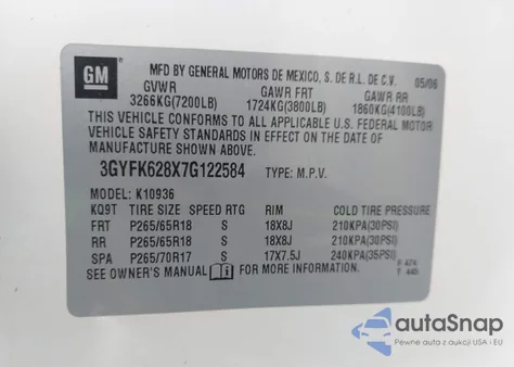 2007 Cadillac Escalade Ext Standard z USA, uszkodzony, nr VIN 3GYFK628X7G122584